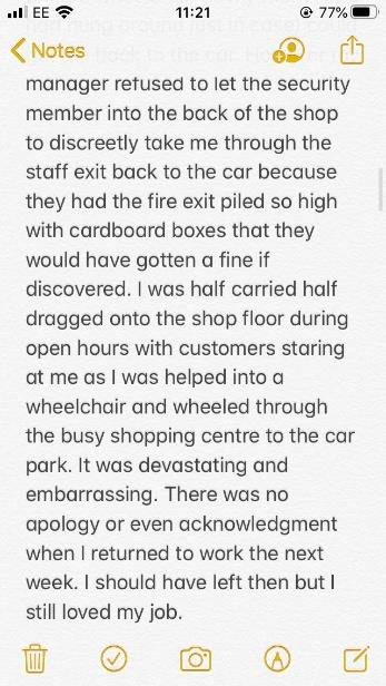 Screenshot of messages from an anonymous woman who used to work at LUSH detailing some of her unpleasant and abusive experiences by colleagues due to her disability.