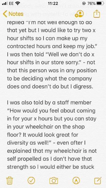 Screenshot of messages from an anonymous woman who used to work at LUSH detailing some of her unpleasant and abusive experiences by colleagues due to her disability.