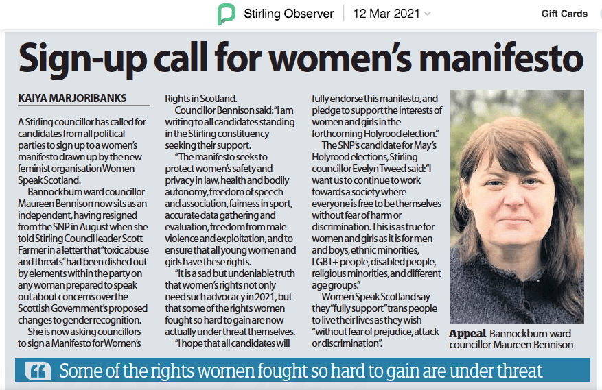Image of a news article in the Stirling Observer from 12th March 2021. Title of article is 'Sign-up call for women's manifesto'.